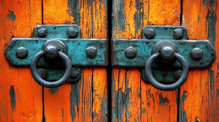 Weathered orange doors with aqua latch and ring pulls
