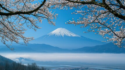 Snowy mountain peak with cherry blossom frame