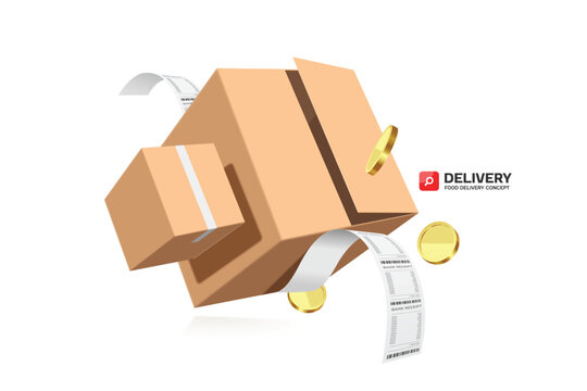 Two parcel boxes or cardboard boxes float in mid-air on receipt after customer places an order online and receives home delivery service. vector 3d isolated for online shopping ,e commerce concept