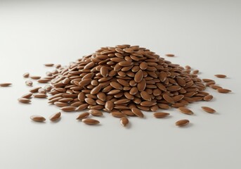 A pile of brown flax seeds is arranged on a white surface, showcasing their natural texture and color
