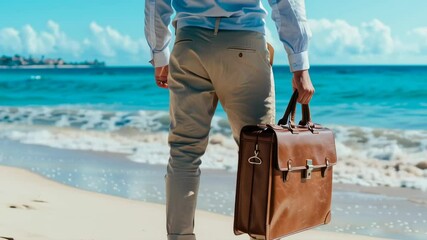 A man is walking on the beach with a brown briefcase. The beach is calm and peaceful, and the man seems to be enjoying his time. The briefcase suggests that he might be a businessman or a professional - Powered by Adobe