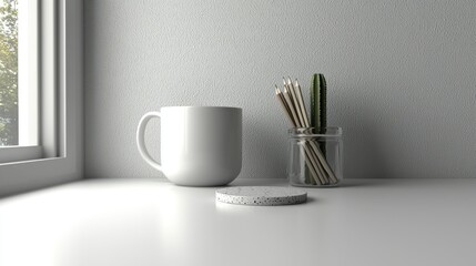 White mug, pencils, cactus on white surface near window