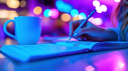 Woman writes; blurred lights background