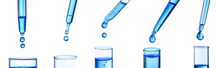 Collection of glass pipettes releasing vibrant blue liquid into test tubes with focused droplets isolated on a white or transparent background