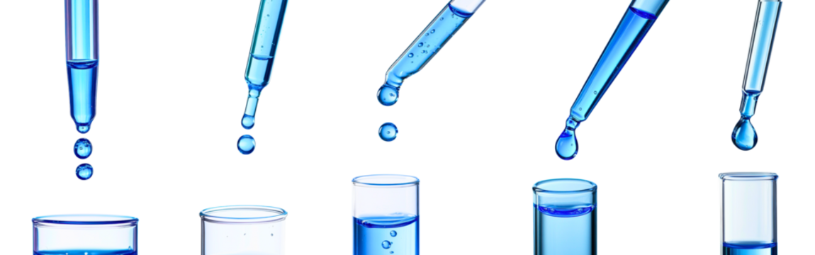 Collection of glass pipettes releasing vibrant blue liquid into test tubes with focused droplets isolated on a white or transparent background