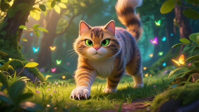A curious cat with striking green eyes explores a vibrant, enchanted forest filled with colorful butterflies and soft sunlight.