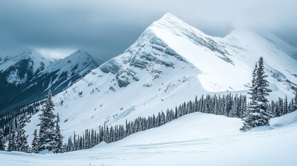 Snowy peaks and evergreen forest under a cloudy sky
