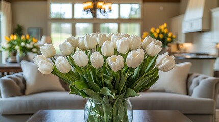 White tulips in vase; blurred room background