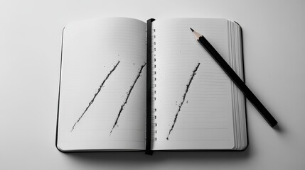 Open notebook with pencil and scratch marks.