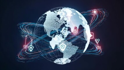 A global network with medical icons surrounding a digital earth on a dark blue background - Powered by Adobe