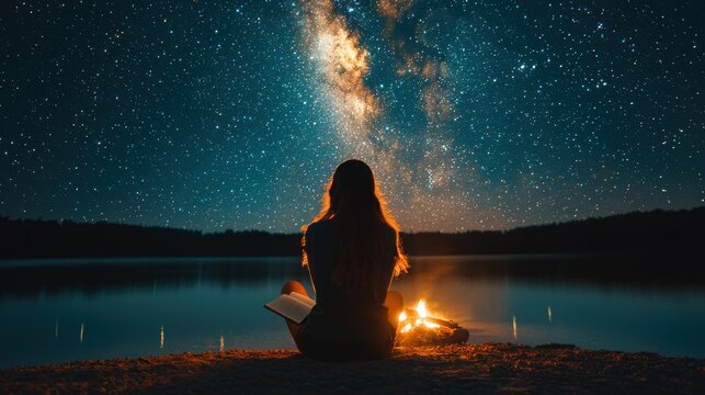 Woman sits by campfire, stars fill night sky