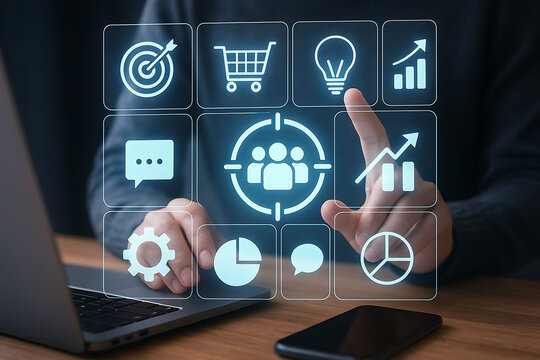 Person interacting with a digital interface displaying business strategy icons and data analytics