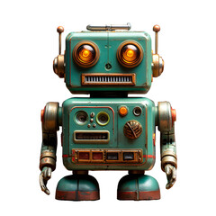 Vintage teal robot with glowing orange eyes and metallic accents isolated on a transparent background