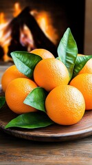 Copper Teapot and Oranges by a Winter Fireplace resting on a rustic wooden table