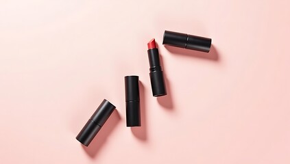 Obraz premium Minimalist flat-lay of three lipstick tubes in matte black casing arranged diagonally on pastel pink background with soft shadows. 