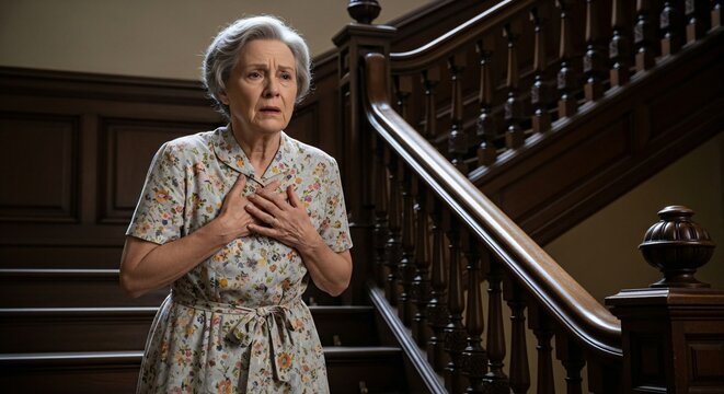 Elderly Woman Clutching Her Chest on a Stairway, Gasping as It Becomes Hard to Breathe