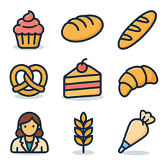 Collection of nine colorful bakery icons including bread, cake, cupcake, pretzel, croissant, pastry bag, baker, wheat, and cherry cake, perfect for bakery websites, menus, and branding materials.
