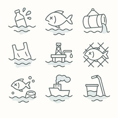 Line icons depicting various sources of ocean pollution, including plastic bottles, oil spills, and fishing nets.