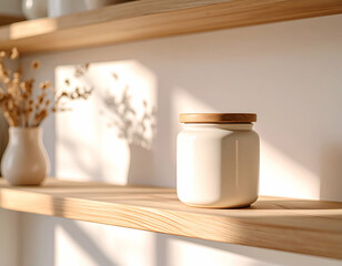 Subtle Glaze Ceramic Jar A Lidded Jar on Wooden Shelf in Soft Light