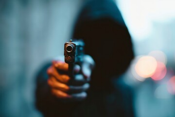 A blurred figure aims a handgun directly at the viewer set against an indistinct urban background