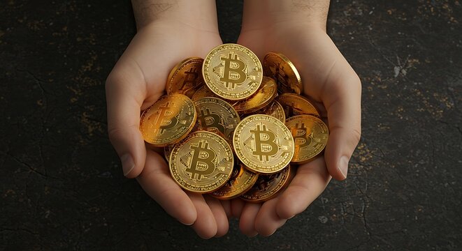 A person's hands cupping a collection of golden Bitcoin coins.
