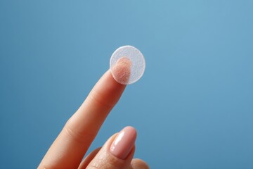A finger holds a translucent round patch against a blue background