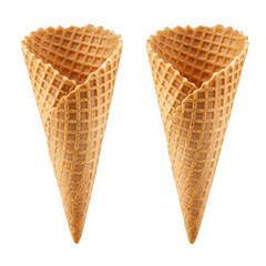 Two empty waffle cones for ice cream dessert on black background