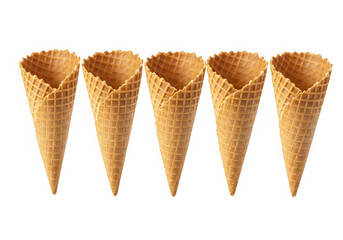 Wafer ice cream cones arranged in a row for frozen dessert
