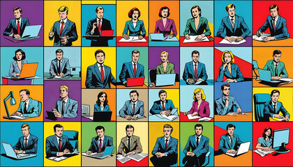 Diverse Business Professionals in Pop Art Style Collage