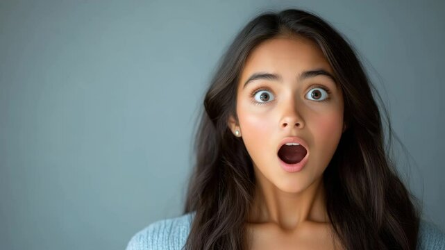 Young woman surprised expression open mouth long dark hair blue sweater gray background emotional portrait female face shocked look beauty casual clothing indoor natural light isolated studio shot