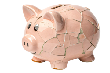 broken pink piggy bank on white for failed money savings and financial investment