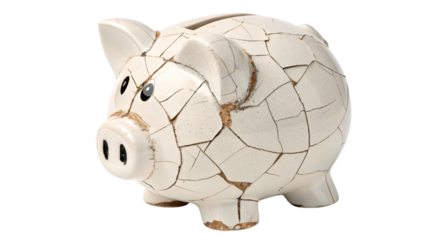 broken piggy bank on white for failed money savings and financial investment