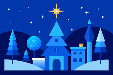 Christmas night winter landscape with houses and trees, a festive holiday village scene