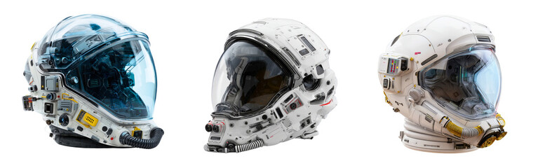 Set of futuristic sci-fi space helmets with transparent visors and control panels isolated on a white or transparent background