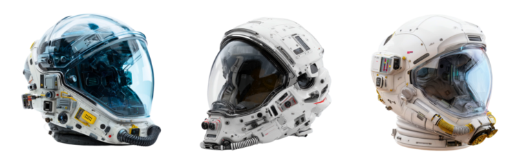 Set of futuristic sci-fi space helmets with transparent visors and control panels isolated on a white or transparent background
