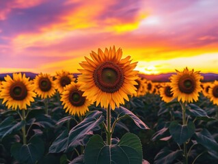 Fototapeta premium A field filled with blooming sunflowers stands against a breathtaking sunset. The sky showcases vivid orange and purple hues, creating a serene atmosphere at dusk.