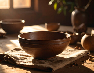 Rustic Handmade Ceramic Bowl Earthy Tones and Warm Lighting