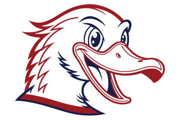 A cartoon duck smiles broadly with red feathers and dark blue contour lines