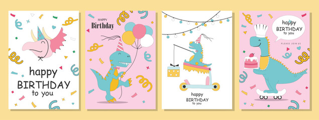 Set of children's birthday greeting cards .Cute animals design.poster,template,greeting cards,dinosaur,Vector illustrations.