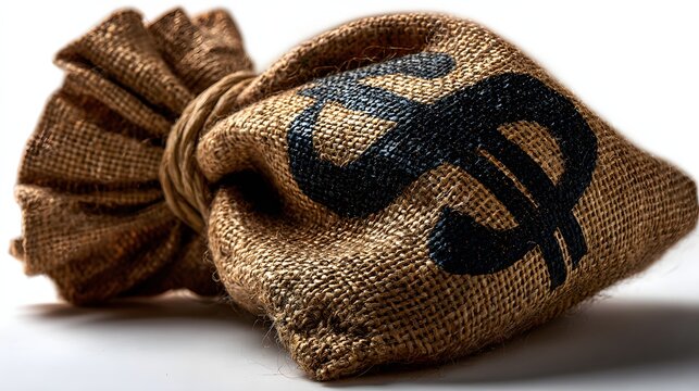 Burlap Money Bag with Bold Black Dollar Sign on White Background perfect for finance-themed marketing, savings campaign visuals, banking presentations and business blog content