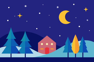 Fototapeta premium Moonlit winter landscape with a cozy Christmas cottage, snow-covered trees, and sparkling stars