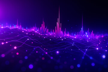 AI generated a sci fi abstract landscape featuring glowing waveforms and vertical data bars in vibrant neon colors representing digital flow analysis and futuristic intelligence