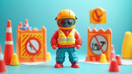 Toy Construction Worker Figurine Wearing Safety Helmet and Vest in Construction Zone with Warning Signs
