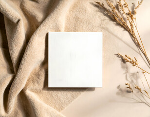 Pastel Beige Suede Background with Matte Glaze Ceramic Tile Warm Minimalist Mockup