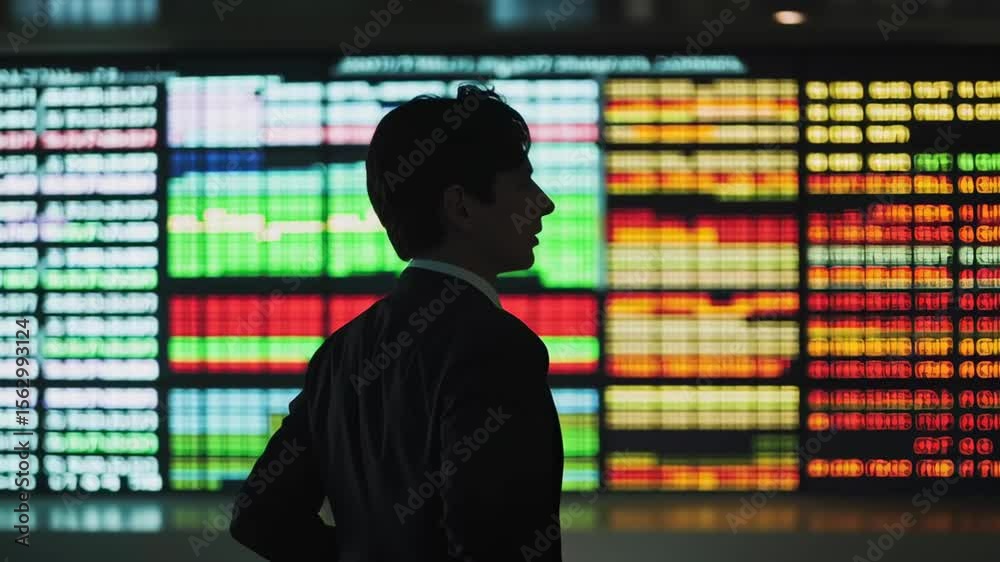Poster a man stands in front of a large screen with many numbers and graphs. he is focused and attentive, p