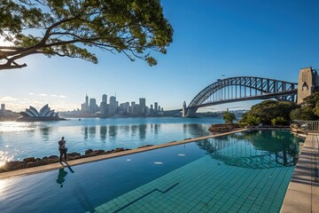 Fototapeta premium Sydney harbour icons viewed from a luxury infinity pool