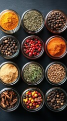 Variety of spices in small glass jars
