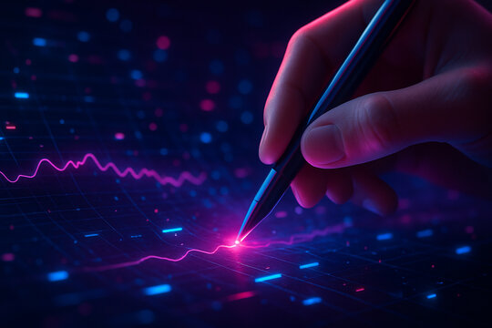 AI generated a close up of a hand using a stylus on a glowing holographic screen displaying data lines and waveforms in a futuristic cyber interface