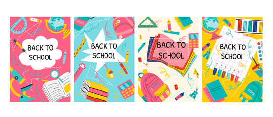 Set of school supply posters. Colorful and minimal illustrations of stationery for back to school, learning, classroom decor, printables or kids' room.