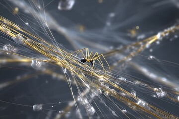 Nanorobots repairing ozone layer cracks, visualized as golden spiders weaving stratospheric webs